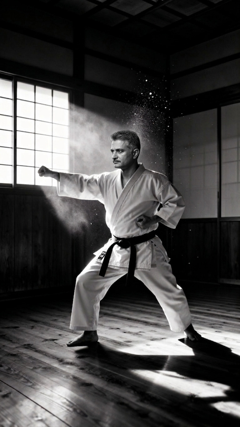 Sensei in shotokan karate stance inside a traditional dojo